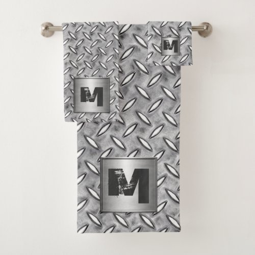 Monogram Diamond Metal Plate in Gray Bath Towel Set