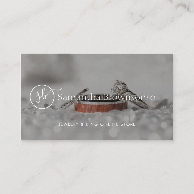 Monogram Diamond Rings and Pearls Wedding Website Business Card (Back)