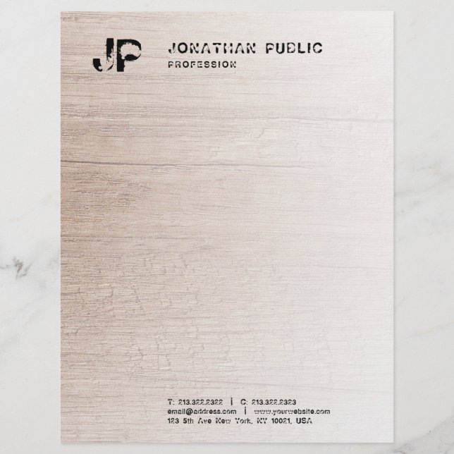 Monogram Distressed Text Elegant Wood Look Letterhead (Front)