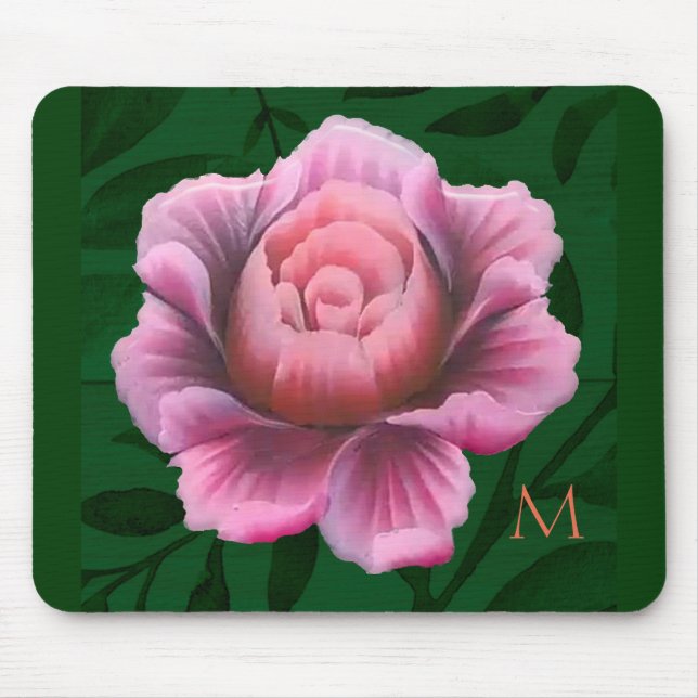 Monogram Dk Green Pink Flower Mouse Pad (Front)