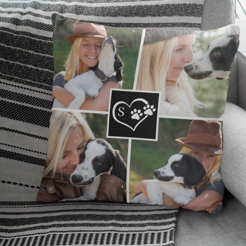 Monogram Dog Paw Print Hearts Photo Collage Throw Pillow