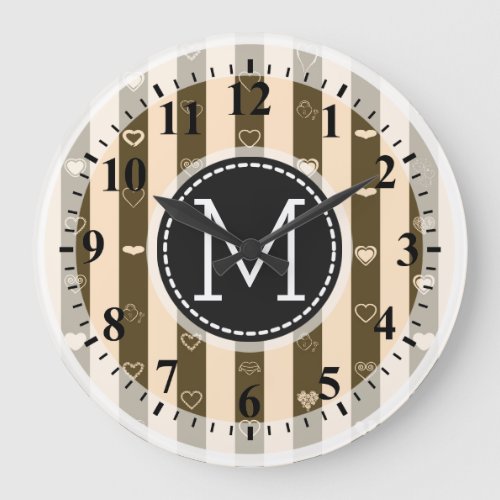 Monogram Donkey Beown Stripes Modern Heart Pattern Large Clock