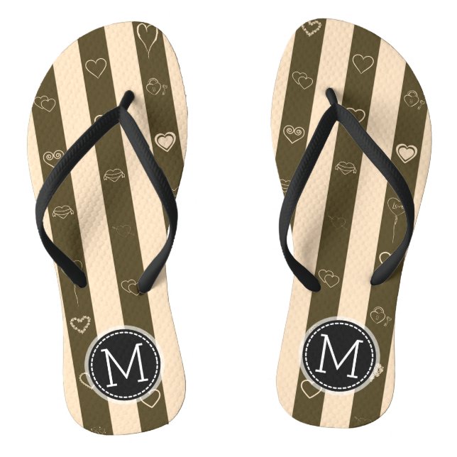 Monogram Donkey Brown Stripes Modern Heart Pattern Flip Flops (Footbed)