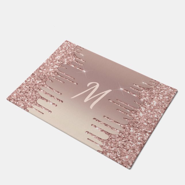 Monogram Doormat Rose Gold Blush Glitter Drips (Angled)