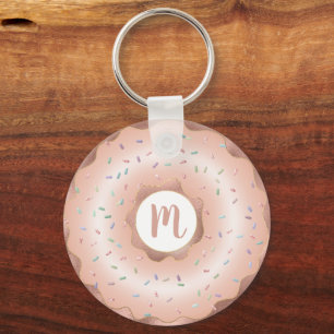 Monogram doughnut pink rose gold foil script glam keychain