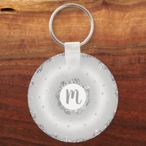 Monogram doughnut silver glitter script chic girly keychain