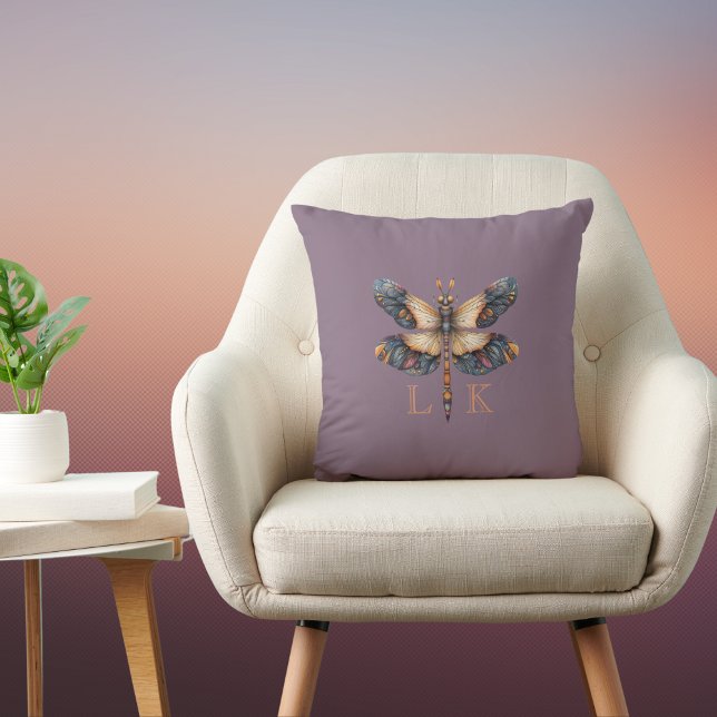 Monogram Dragonfly Folk Art Purple Blue Orange Throw Pillow (Creator Uploaded)