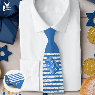 Monogram Dreidels Stripes Hanukkah Neck Tie