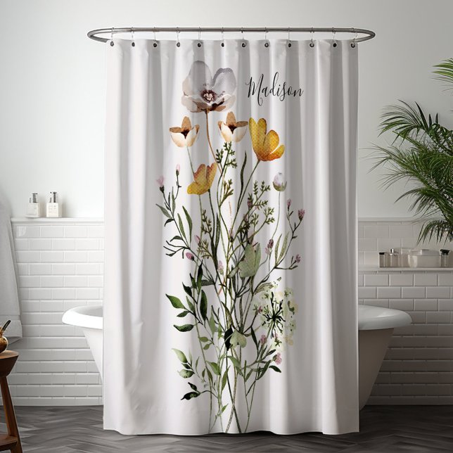 Monogram Dried Wildflower Bouquet Shower Curtain (In situ bathroom)