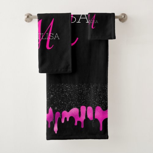 Monogram Dripping Glitter Modern Black  Hot Pink  Bath Towel Set