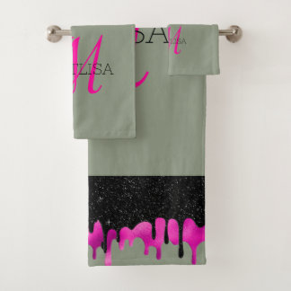 Monogram Dripping Glitter Sage Green Hot Pink  Bath Towel Set