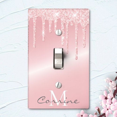 Monogram Dripping Metallic Blush Pink Glitter Drip Light Switch Cover