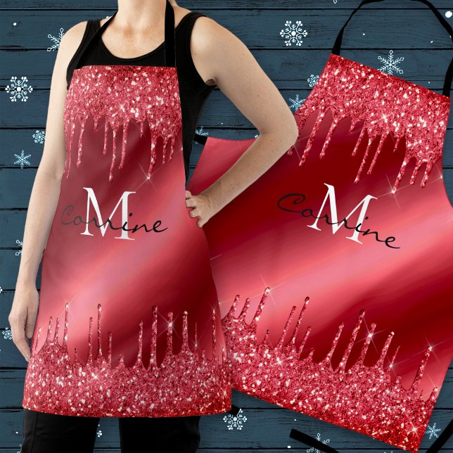 Monogram Dripping Red Glitter Crimson Metallic Apron (Creator Uploaded)