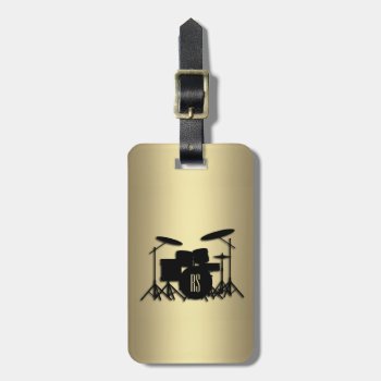 Monogram Drum Set Gold Luggage Tag by LwoodMusic at Zazzle