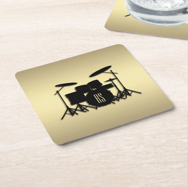 Monogram Drum Set Gold Square Paper Coaster (Angled)