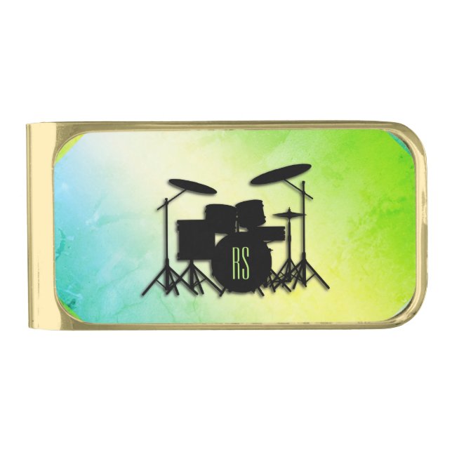 Monogram Drum Set Green Gold Finish Money Clip (Front)
