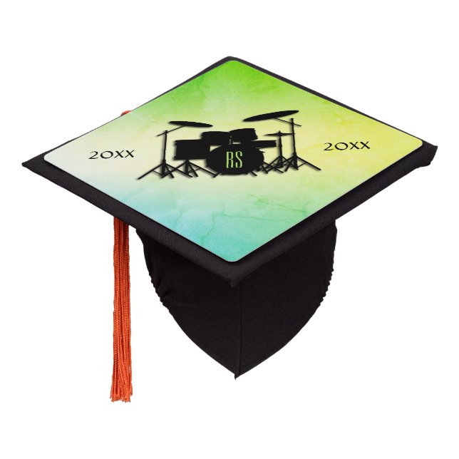 Monogram Drum Set Green Graduation Cap Topper (Angled)