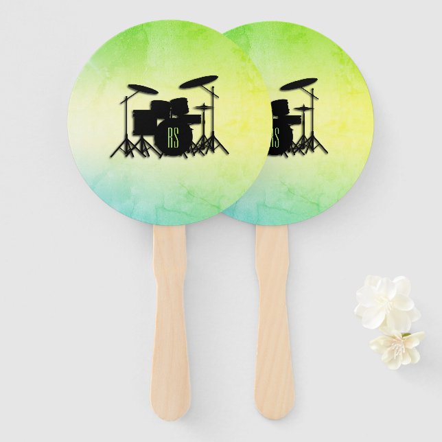 Monogram Drum Set Green Hand Fan (Front and Back)