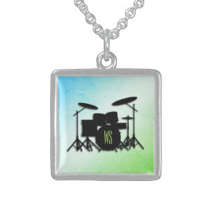 Monogram Drum Set Green Sterling Silver Necklace