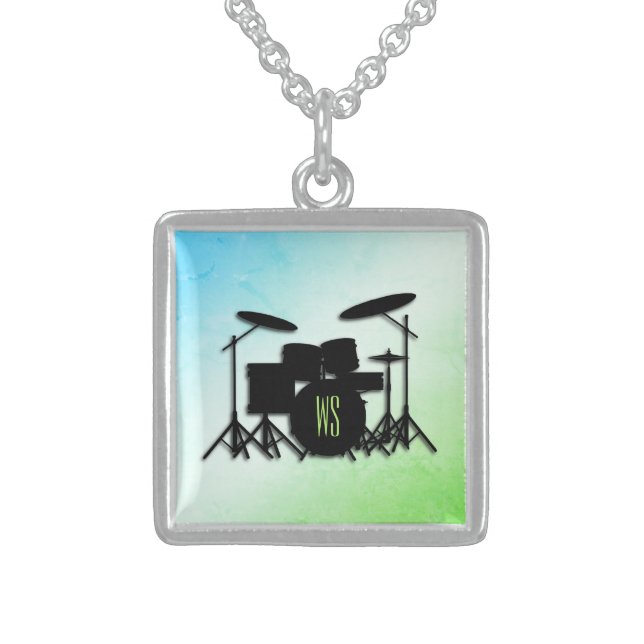 Monogram Drum Set Green Sterling Silver Necklace (Front)