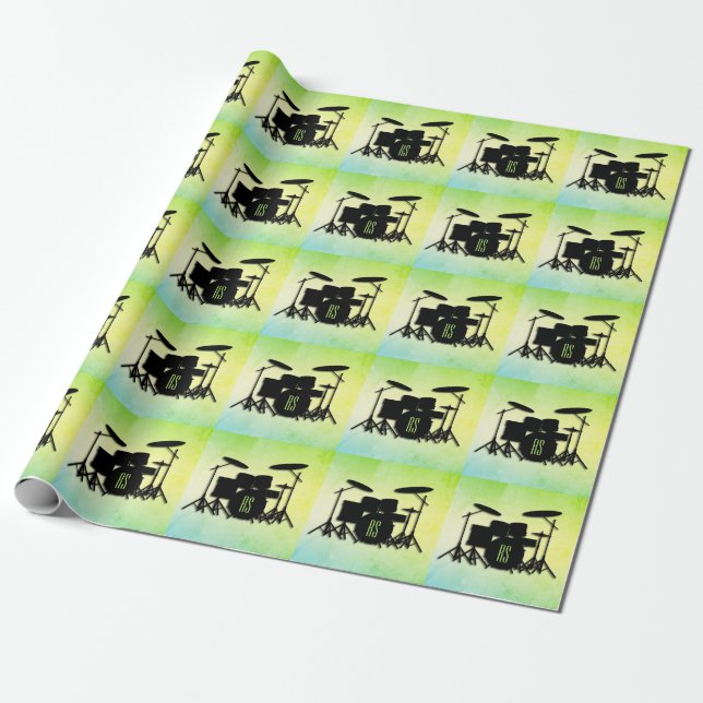 Monogram Drum Set Green Wrapping Paper (Unrolled)