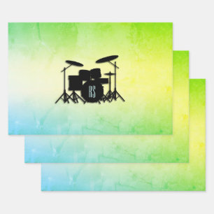Monogram Drum Set Green Wrapping Paper Sheets