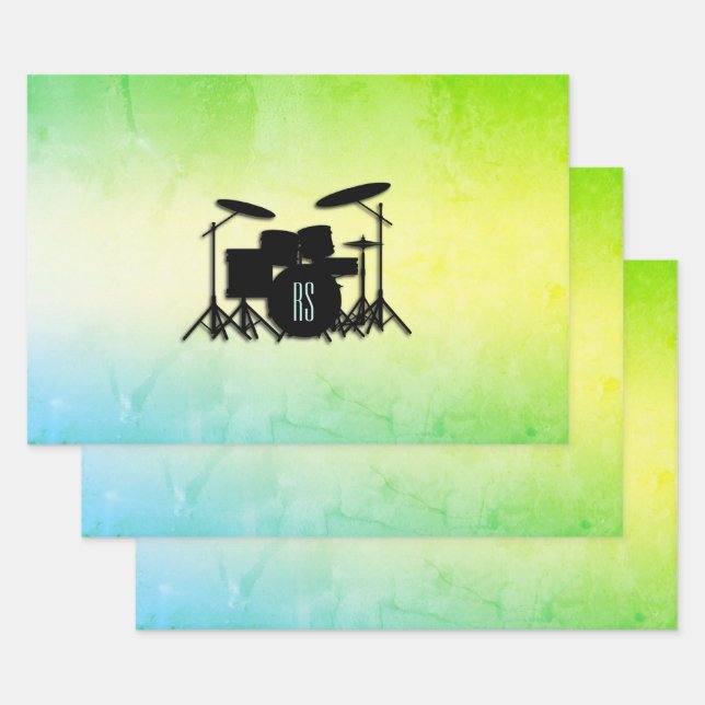 Monogram Drum Set Green Wrapping Paper Sheets (Set)