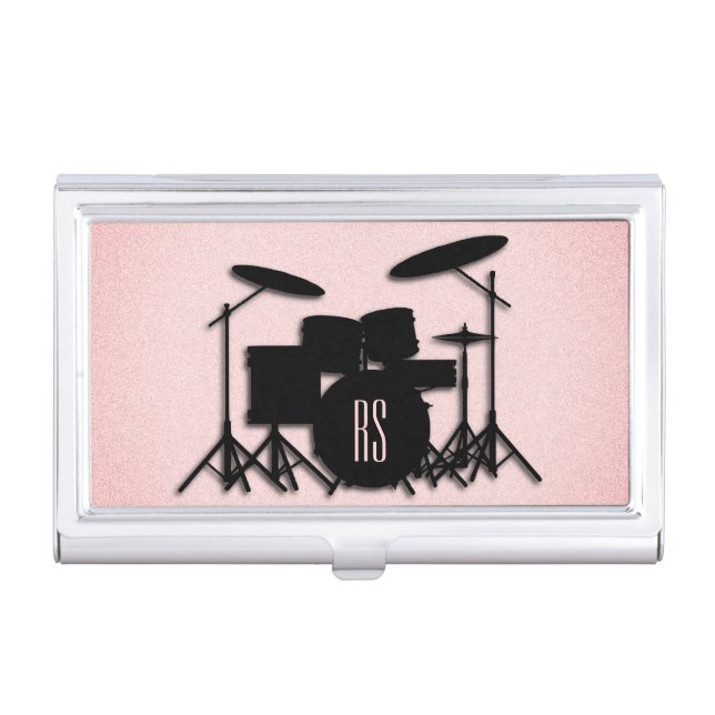 Monogram Drum Set Music Design Pink  Business Card Case (Front)