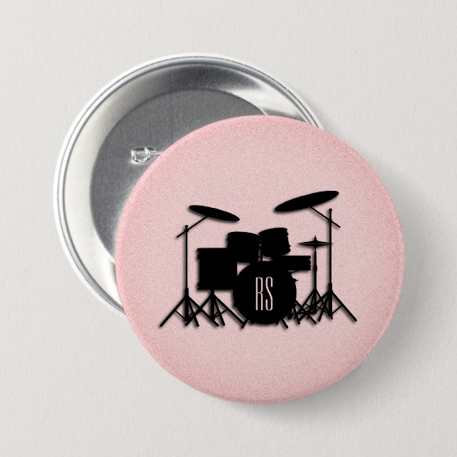 Monogram Drum Set Music Design Pink  Button (Front & Back)