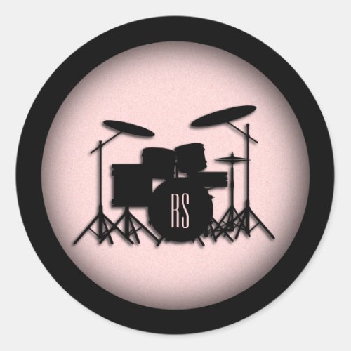 Monogram Drum Set Music Design Pink  Classic Round Sticker