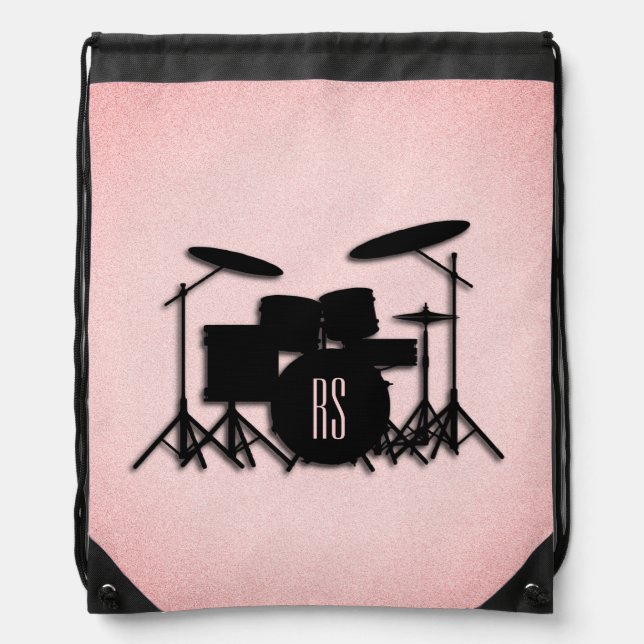 Monogram Drum Set Music Design Pink  Drawstring Bag (Front)