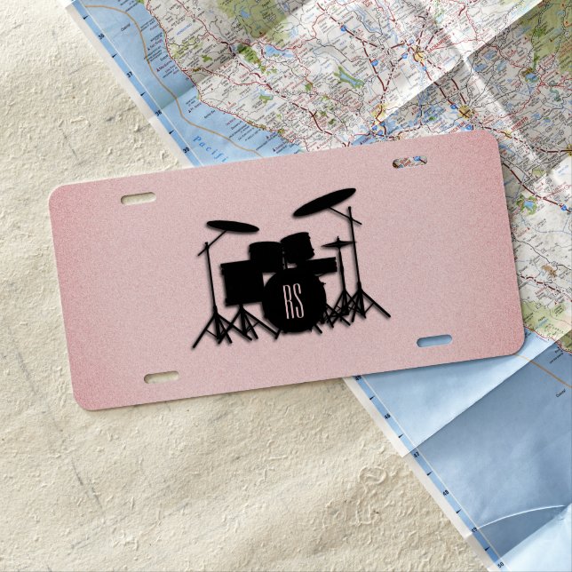 Monogram Drum Set Music Design Pink  License Plate (In Situ)