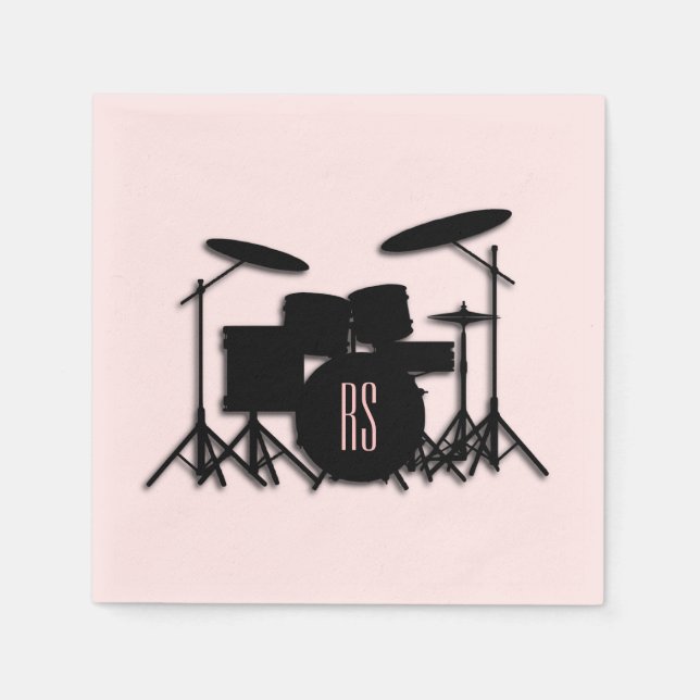 Monogram Drum Set Music Design Pink  Napkins (Front)