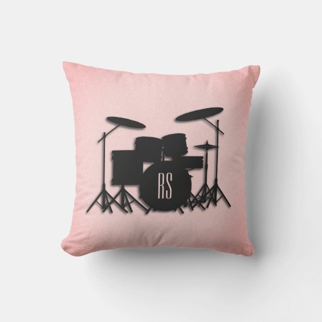 Monogram Drum Set Music Design Pink  Outdoor Pillow (Front)