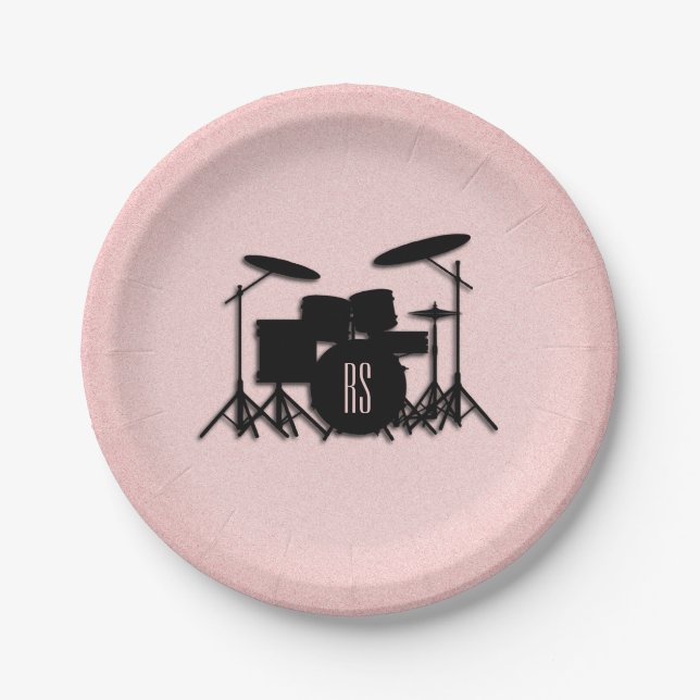 Monogram Drum Set Music Design Pink  Paper Plates (Front)
