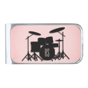 Monogram Drum Set Music Design Pink  Silver Finish Money Clip