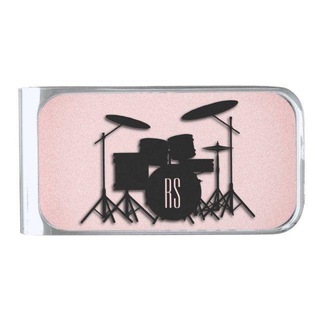 Monogram Drum Set Music Design Pink  Silver Finish Money Clip (Front)