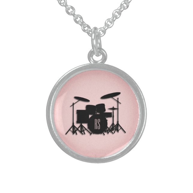 Monogram Drum Set Music Design Pink  Sterling Silver Necklace (Front)