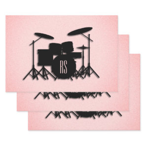 Monogram Drum Set Music Design Pink  Wrapping Paper Sheets