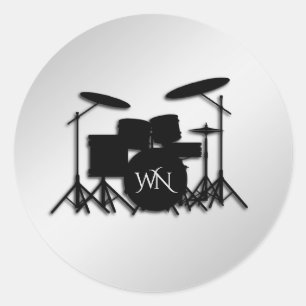 Monogram Drum Set Silver Classic Round Sticker