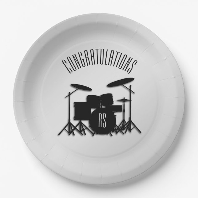 Monogram Drum Set Silver Congratulations Paper Plates (Front)