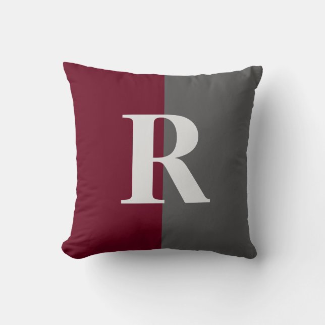 Monogram Duo Tone Burgundy and Gray Throw Pillow (Front)