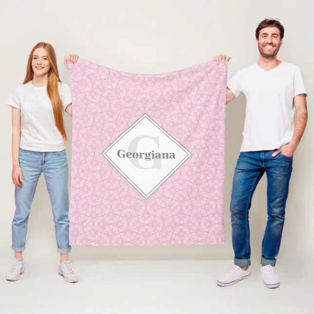 Monogram Dusky Rose Preppy In Pink Art Deco Fans Fleece Blanket (In Situ)