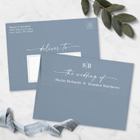 Monogram Dusty Blue A7 5x7 Wedding Invitation