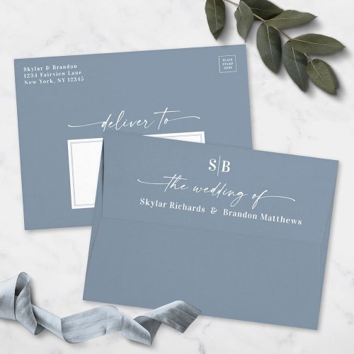 Monogram Dusty Blue A7 5x7 Wedding Invitation Envelope