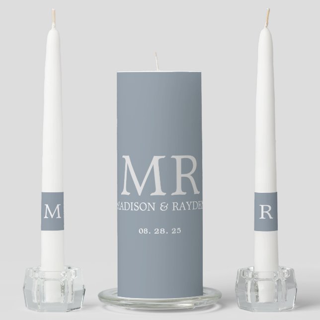 Monogram Dusty Blue Bride Groom Name Wedding Unity Candle Set (Front)