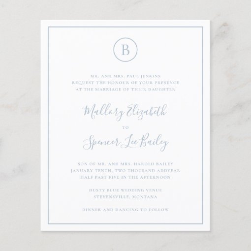 Monogram Dusty Blue Budget Wedding Invitation 