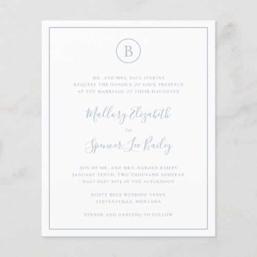 Monogram Dusty Blue Budget Wedding Invitation Flyer
