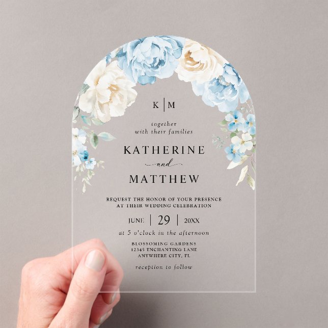 Monogram Dusty Blue Champagne Ivory Floral Wedding Acrylic Invitations (Insitu (Handheld))