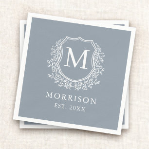 Monogram Dusty Blue Crest Botanical Wedding Napkins